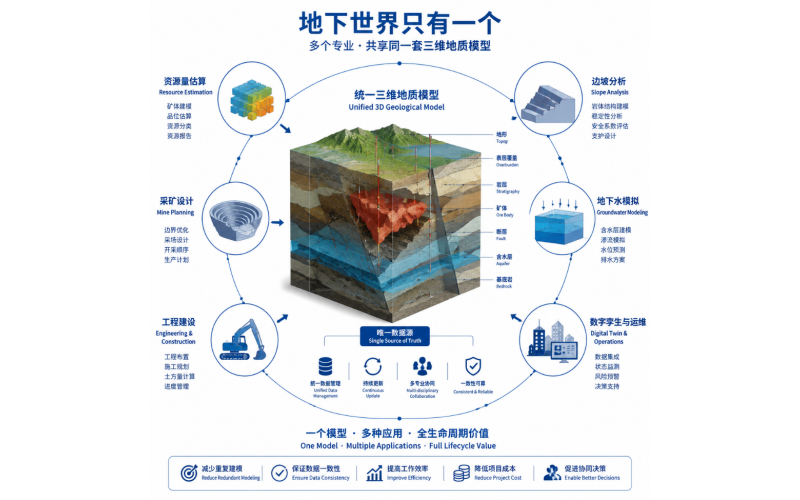 一套三维模型，如何支撑资源量估算、采矿设计、边坡分析与地下水模拟？